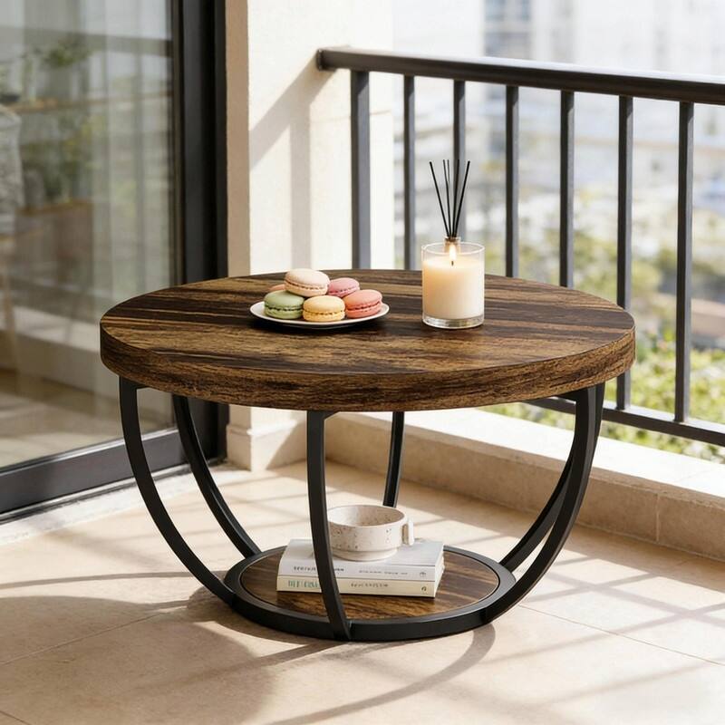 Round 2-Tier Wood Coffee Table with Metal Base for Living Room