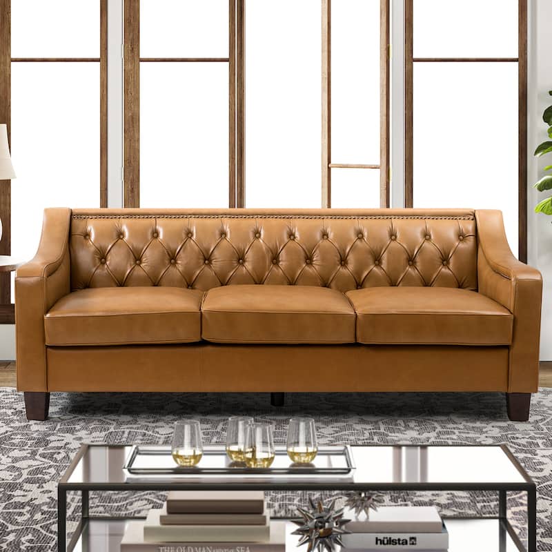 Mateo 82.28" Wide Transitional Genuine Leather Sofa with Nailhead Trim and Button-Tufted Back