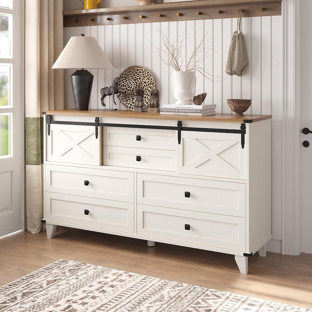 Farmhouse 6 Drawer Dresser for Bedroom Chest of Drawers Sliding Barn Door