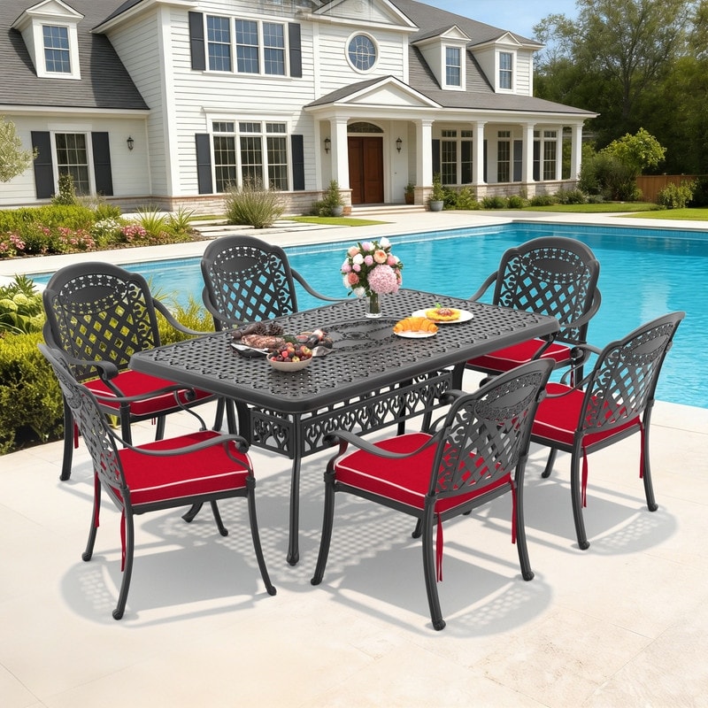 66.93in Reltangle Black Cast Aluminum Outdoor Dining Table with Unbrella Hole & 6 Outdoor Chairs with Cushions