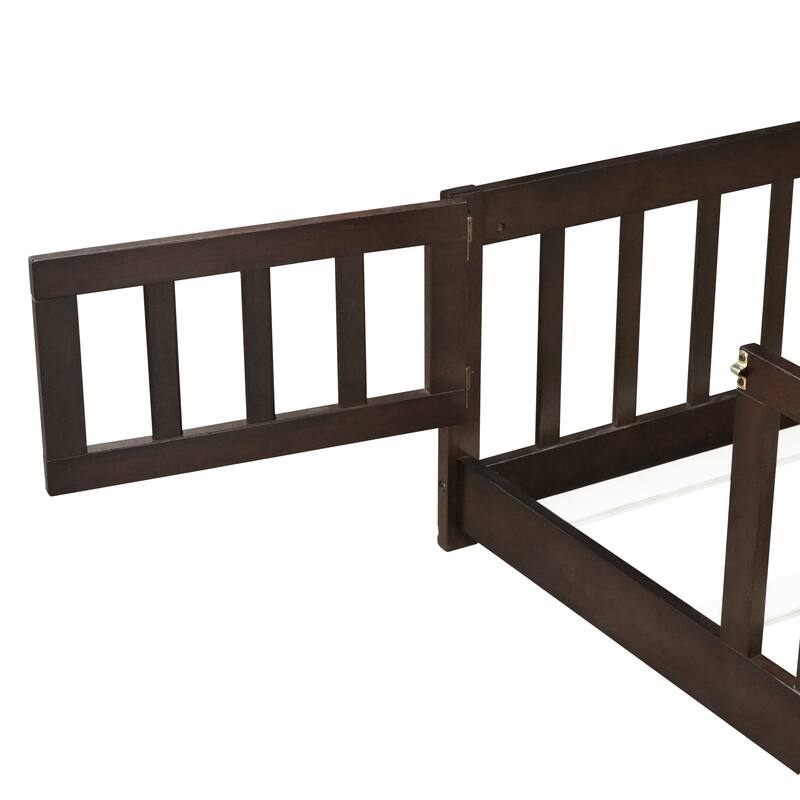 Roomfitters Twin/Full/Queen Rubber Wood Floor Bed with Fence and Swing Door, Safety Guardrails, Low Profile Design