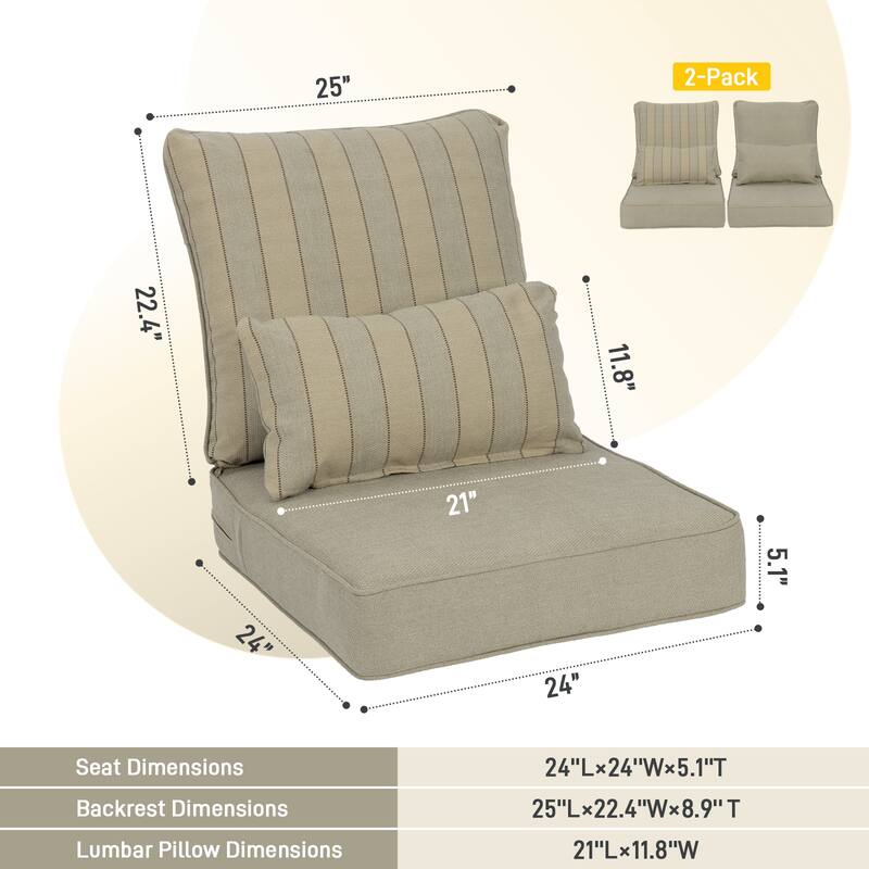 Aoodor 24'' x 24'' Outdoor Deep Seat Chair Cushion Set with Sponge Foam (Set of 2 Seats, 2 Backs, 2 Pillows) - 24"x24"