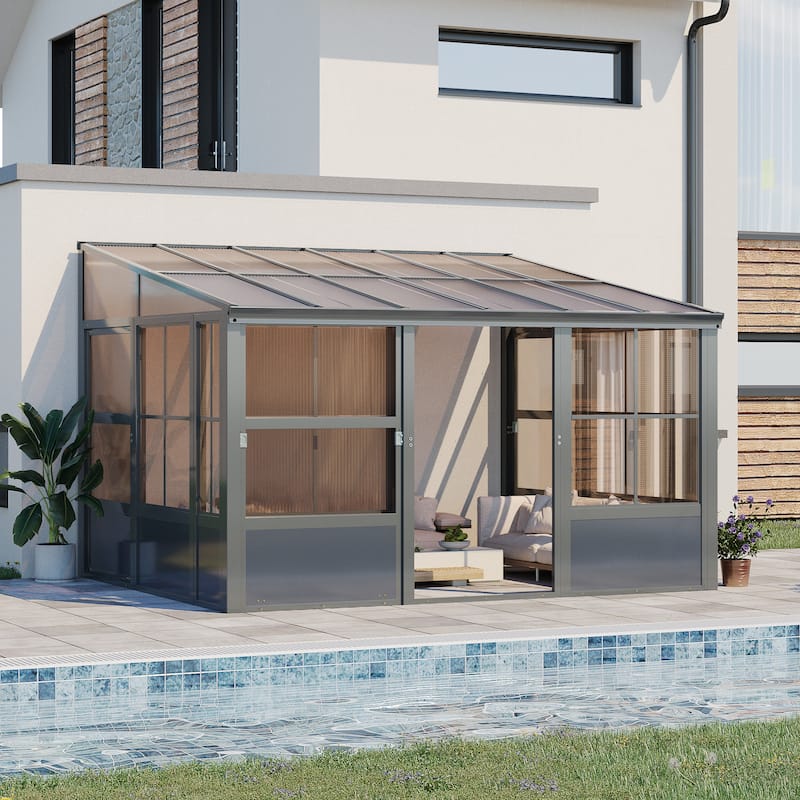 Erommy Wall Mounted Sunroom with Sliding Doors, All-Season Aluminum Patio Gazebo, Outdoor Permanent Sunroom Shelter