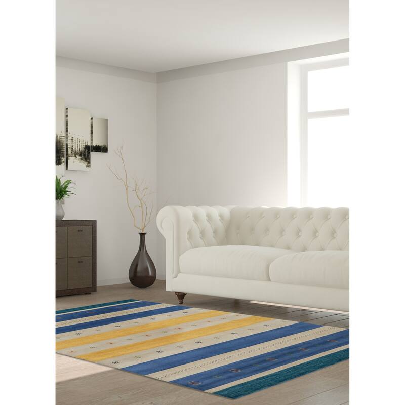 ECARPETGALLERY Hand Loomed Kashkuli Gabbeh Grey, Navy Wool Rug - 6'7 x 9'9