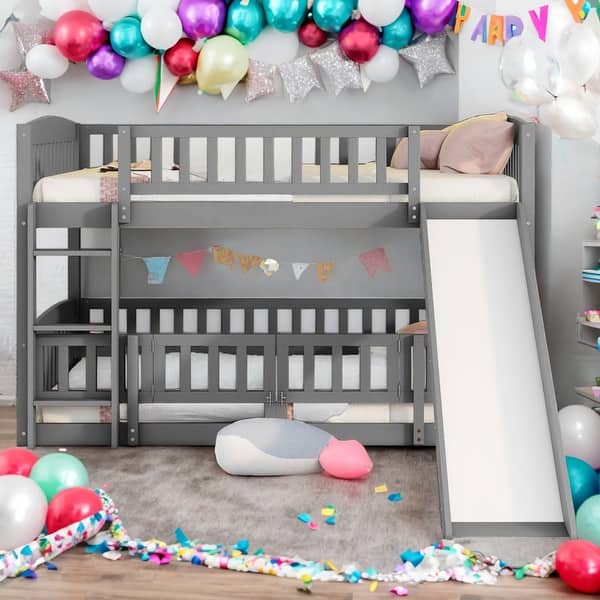 slide 2 of 44, Modren Full over Full Versatile Low Bunk Bed With Slide,Fence and Ladder For Toddler Kids Teens Grey