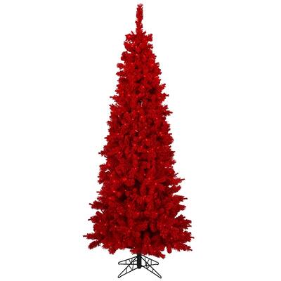 Vickerman 7.5' x 39" Flocked Red Slim Fir Artificial Christmas Tree, Red Dura-lit LED Lights