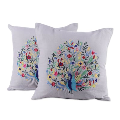Novica Handmade Divine Peacock In Grey Embroidered Cotton Cushion Covers (Pair)