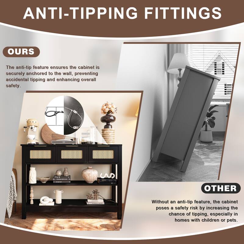 43.3" Sofa/Console Table - with 3 Top Drawers and 2 Open Shelves, Farmhouse Style