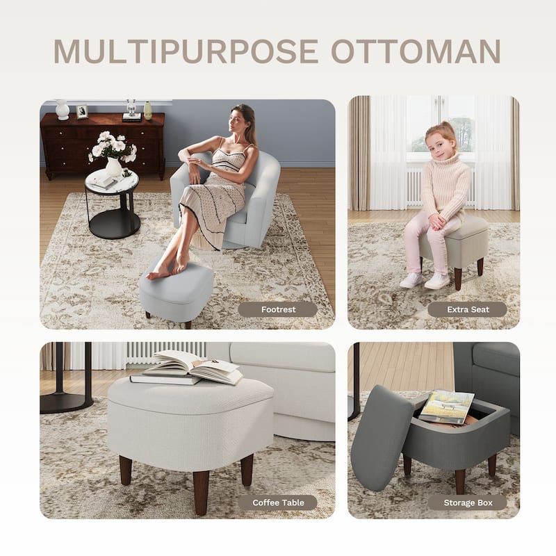 Swivel Barrel Chair & Ottoman with Storage - Upholstered Accent Chair for Living Room Bedroom Office