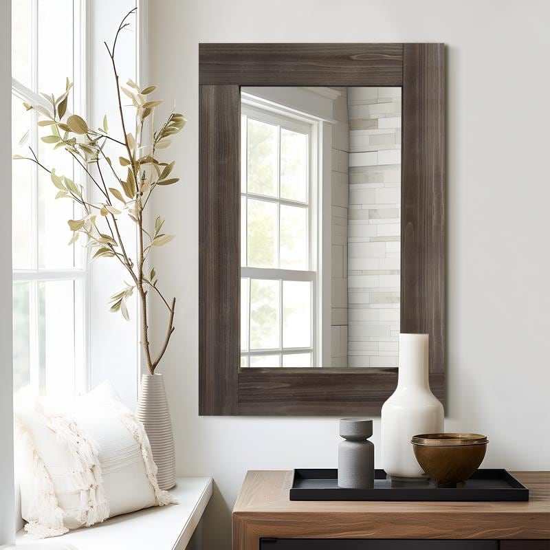 Rectangular Farmhouse Bathroom Mirror with Solid Wood Frame Rustic Wall Mounted for Bedroom Living Room Entryway Wall Decor - 36" x 24" - Brown