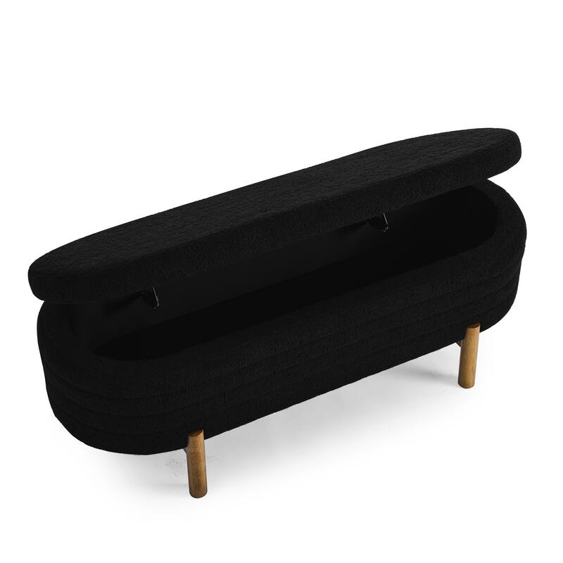 Small Ottoman Oval Storage Bench with Rubber Wood Leg Bedroom Upholstered Footstool Bench with Hidden Storage