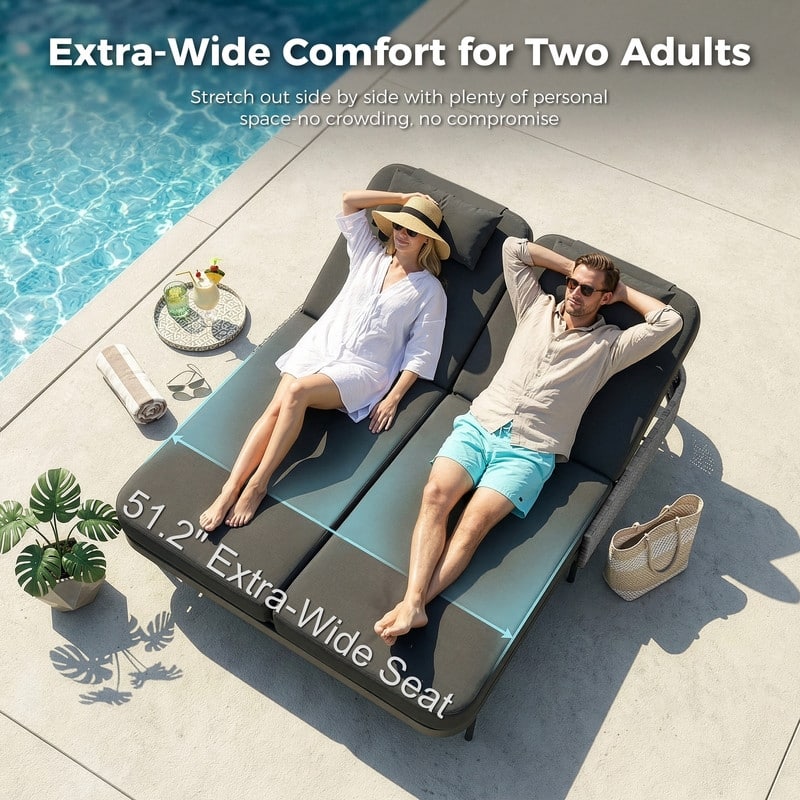 Outdoor Sectional Conversation Set PE Wicker with Double Chaise Lounge, 60,000 BTU Fire Pit Table