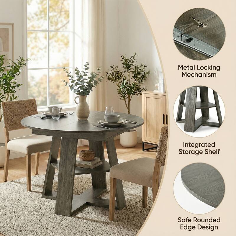 43"-59" Extendable Oval Dining Table with Storage Base, Modern Round to Oval Kitchen Table