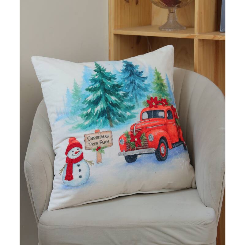 Vibhsa Alpine Holiday Christmas Tree Farm Red Truck Pillow, 20" x 20"