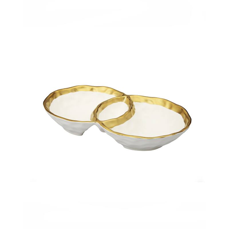 Alice Pazkus 10.75"L Gold White Porcelain Round Double Bowl With Gold Rim