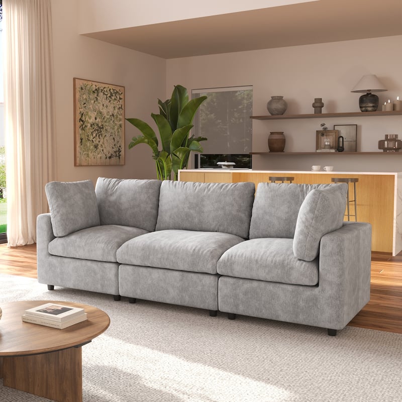 Linen Blend Sectional Sofa 3 Seater Couch - Dark Grey