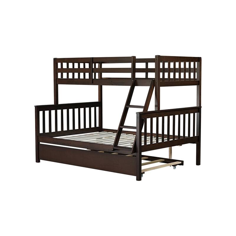 Convertible Twin Over Full Bunk Bed with Trundle, Detachable Design, Guardrail, Espresso Finish