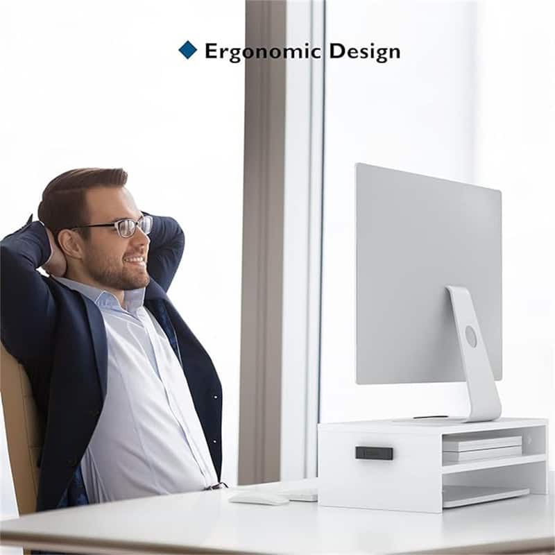 2-Tier White Wood Monitor Stand