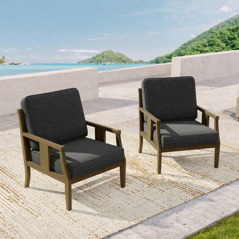 2 Set Brown Wood Outdoor Accent Club Chairs with Water-Resistant Cushions