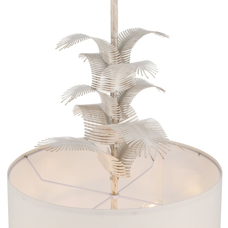 Acroma 4 - Light Whitewashed Drum Chandelier with Palm Leaf Detailing and Fabric Shade