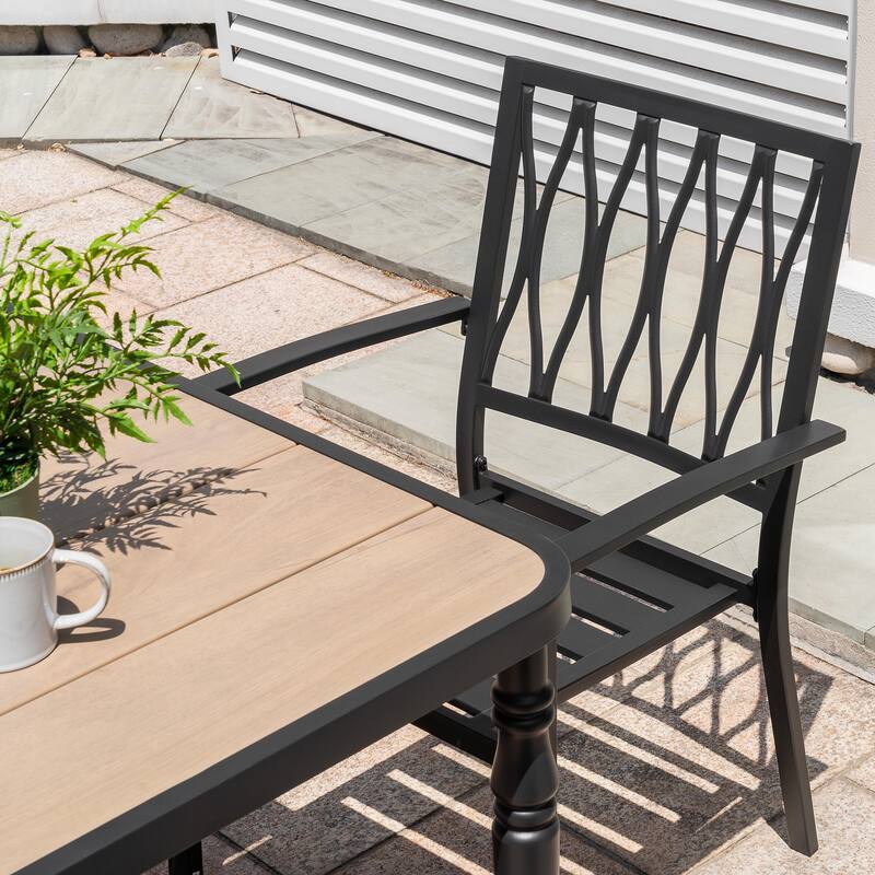 5PCS Patio Stackable Dining Set, Umbrella Hole and Wood-Grain Tabletop