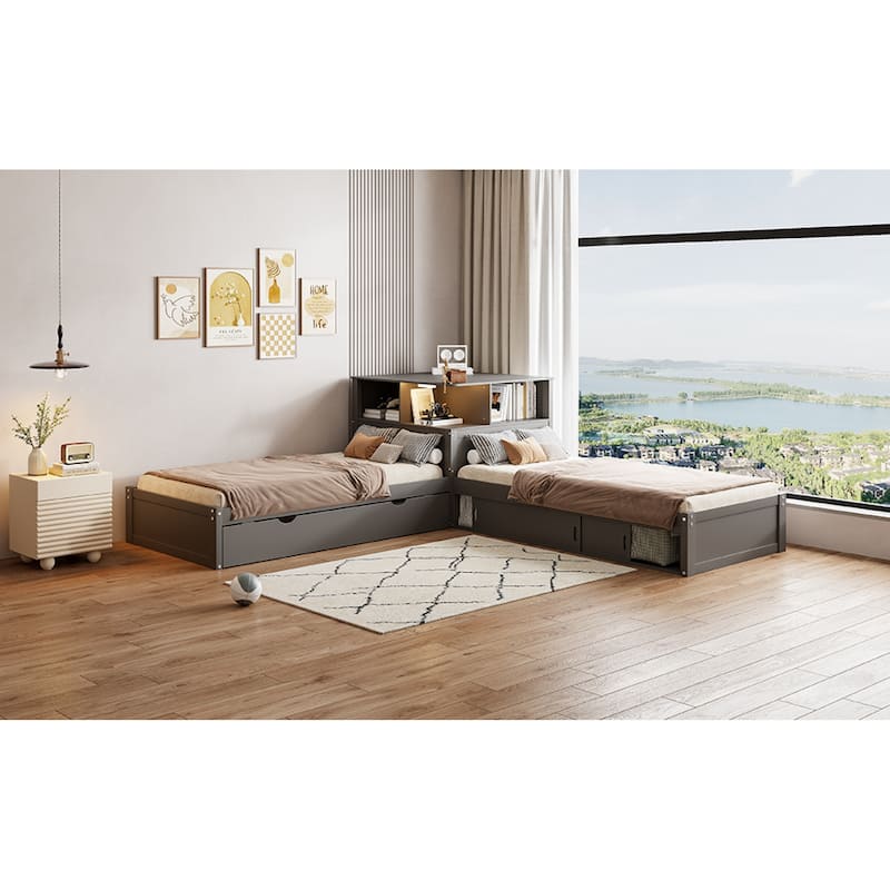 Roomfitters Twin L-Shaped Platform Bed with Trundle, Storage Cabinets and LED Desk