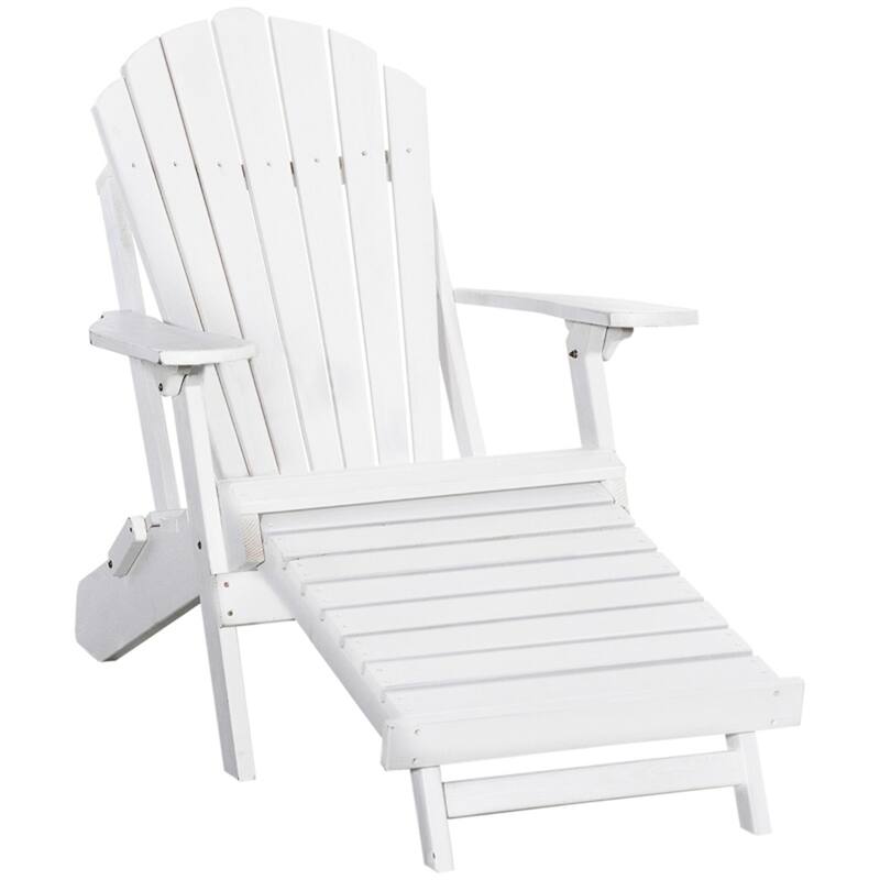White Pine Wood Adirondack Chair with Retractable Footrest Outdoor Patio Porch Garden Ergonomic Seating - White