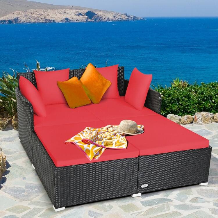 Outdoor Rattan Daybed with Cushions for Patio Garden Lounge Seating