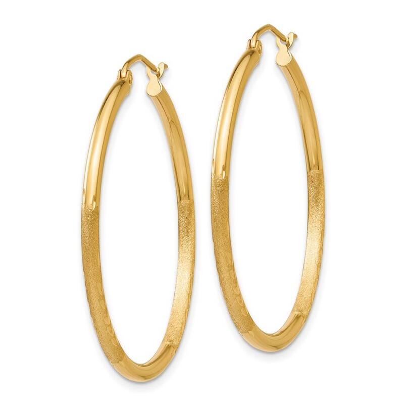 Curata 14k Yellow Gold Satin and Sparkle Cut Round Tube Hoop Earrings - 35x35mm
