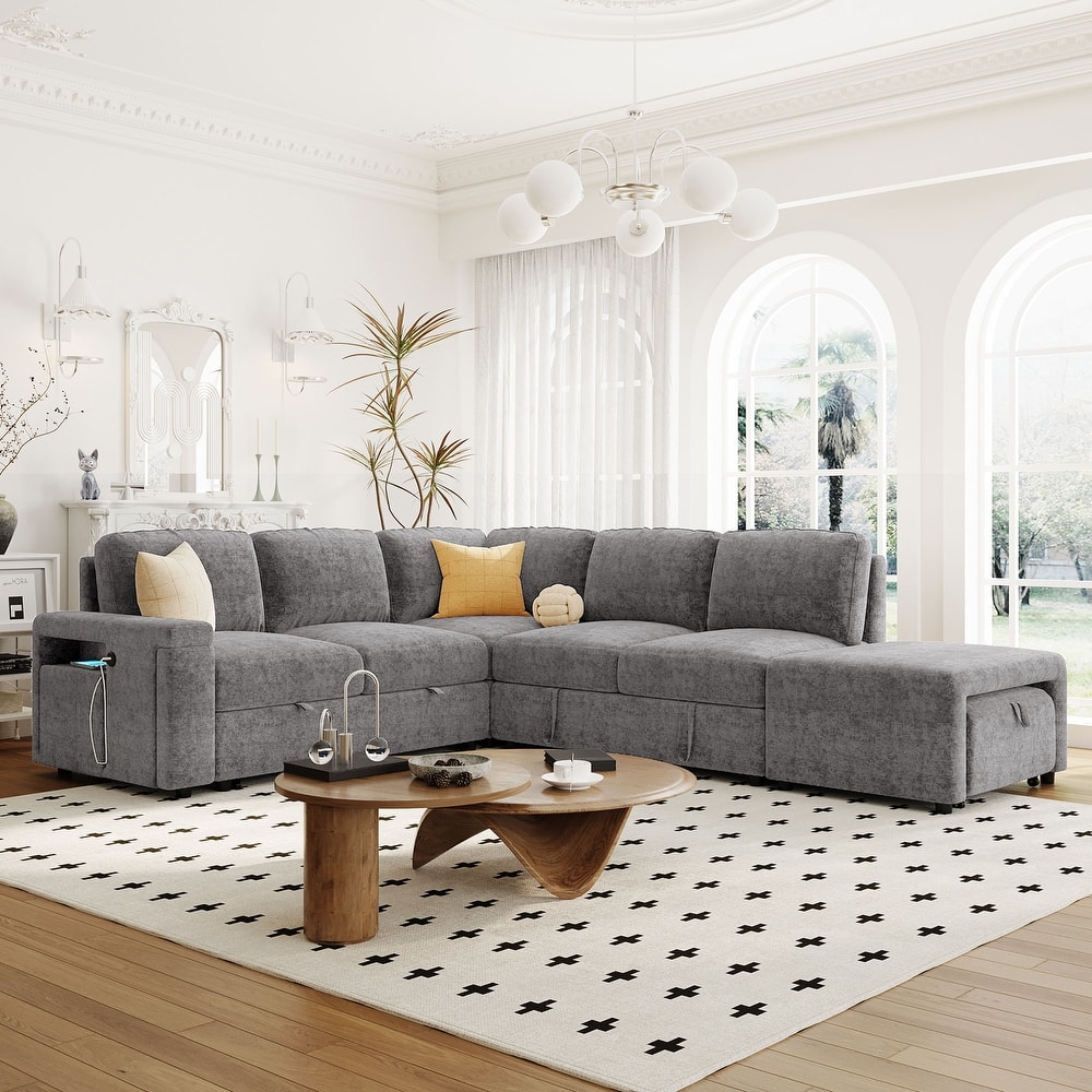 90.6'' L-Shaped 6-Seat Modular Sofa with Built-In Storage and USB Ports