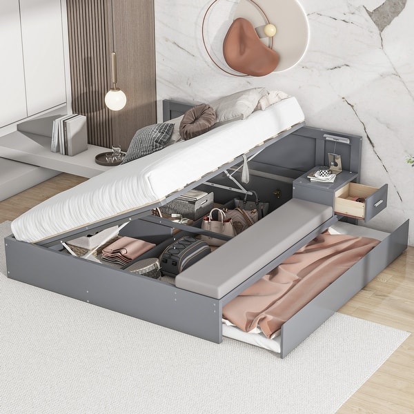 slide 2 of 24, Full Size Wood Storage Hydraulic Platform Kids Bed Frame with Twin Size Trundle, Side Table and Lounge for Bedroom, Grey Grey