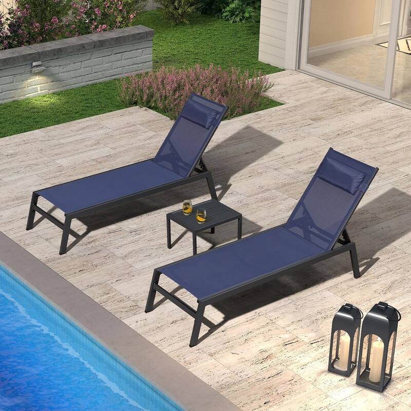 PURPLE LEAF Lounge Chair Set for Outside Aluminum Patio Recliner with Side Table and Pillow Beach Sunbathing Tanning Chairs - Inclining leg(Navy Blue)