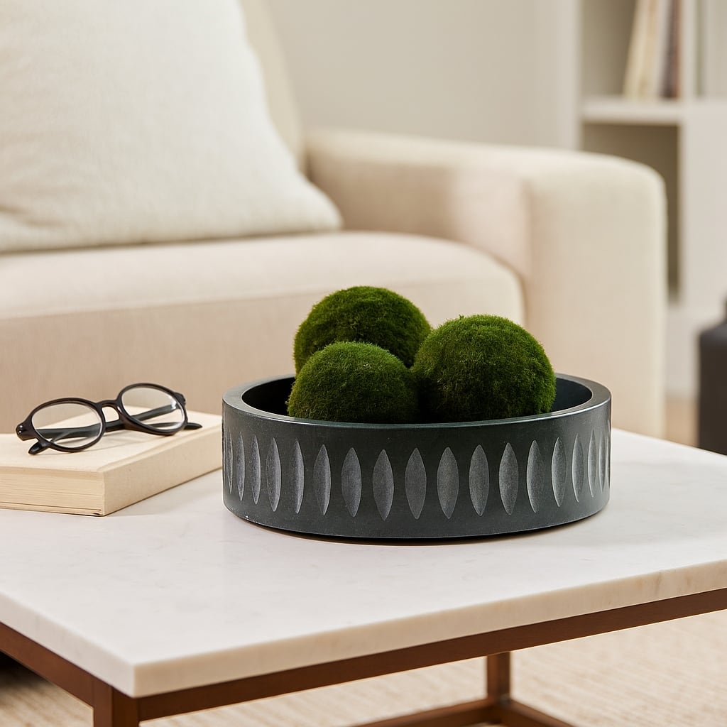 Decorative Marble Bowl with Edge Pattern - Home Decor - 12", Green - 12.0"