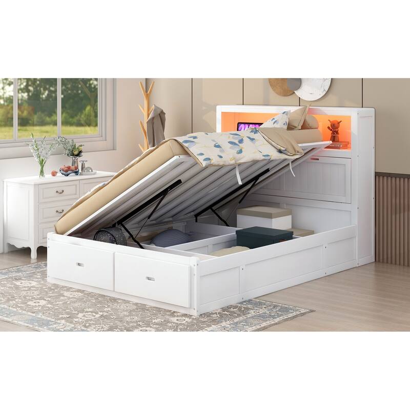 Queen Size Wooden Bed with LED Storage Headboard, Charging Station, and 2 Drawers