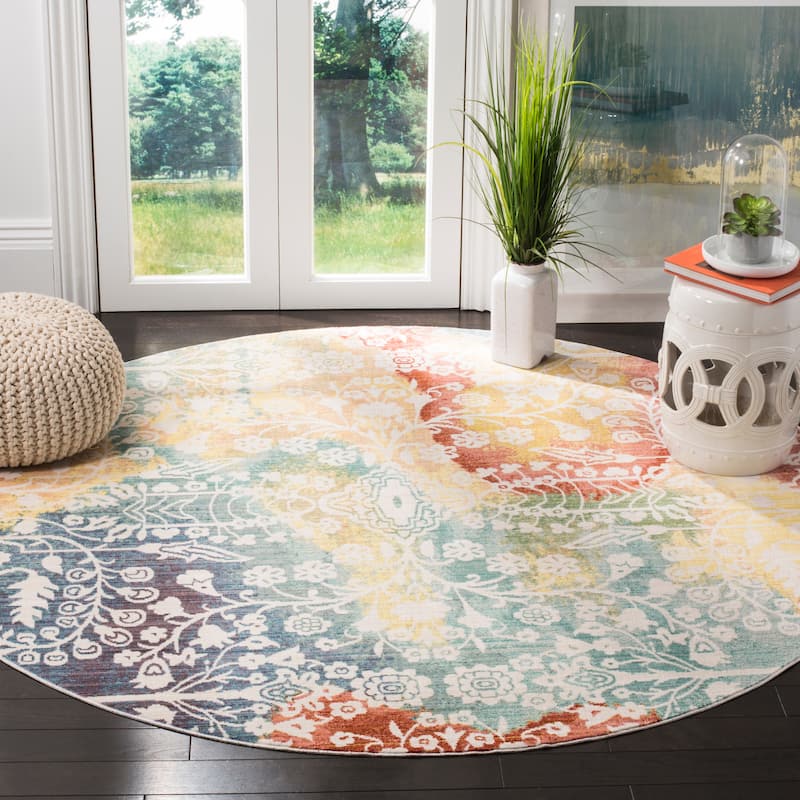 SAFAVIEH Mystique Solvita Watercolor Oriental Polyester Rug - 6'7" Round - Blue/Rust