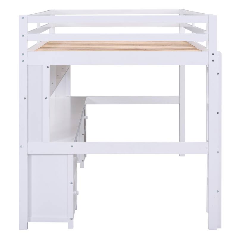 Full Size Loft Bed with Desk, Storage Cabinets, Drawers, Charging Station, White