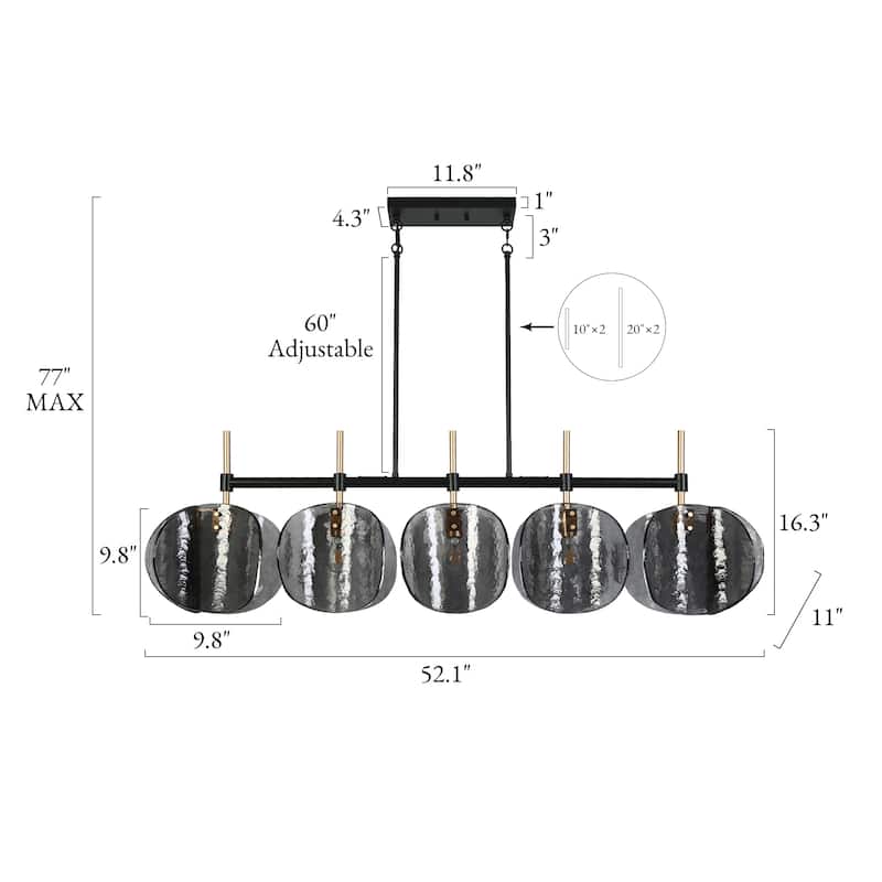 Modern 5-Light Smoky-gray Chandelier 52.1 IN Linear Island Lights - L 52.1" x W 9.8" x H 11"