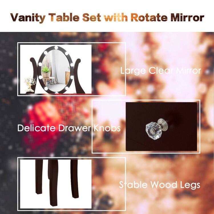 10 Dimmable Lights Vanity Table Set with Lighted Mirror and Cushioned Stool-Coffee - 31.5" x 16" x 54" (L x W x H)