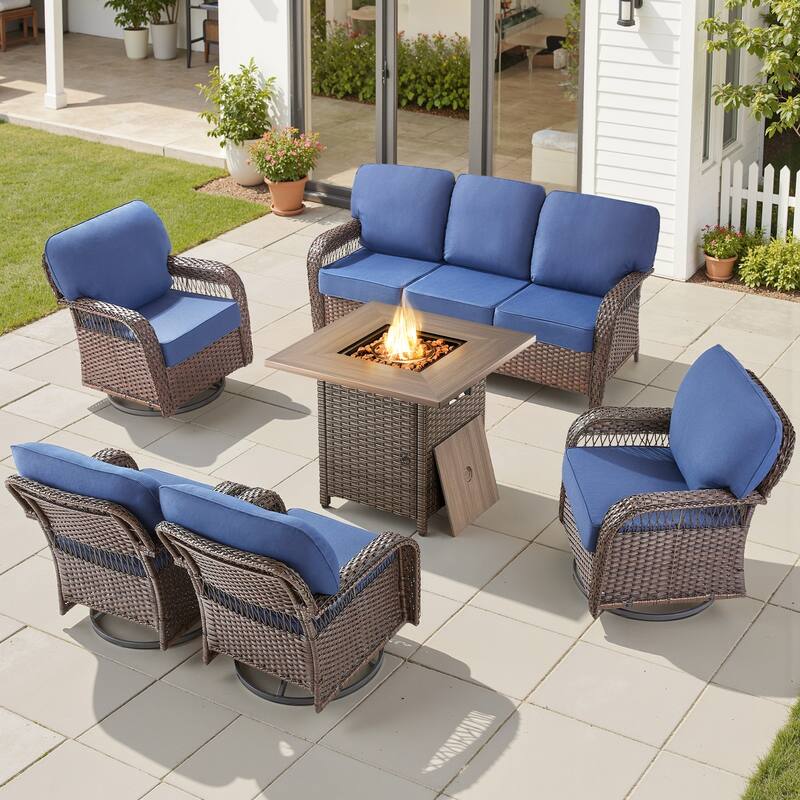 Pocassy Patio Outdoor Fire Table with Sofa Ottoman Swivel Chair Set. - Brown Wicker Blue Cushion - 6-Piece Sofa Swivel Chair w/ Fie Pit Table