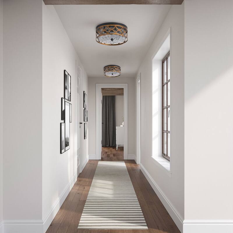 Matte Black 2-Light Rippled Glass Flush Mount Ceiling Light with Antique Brass Metal Shade