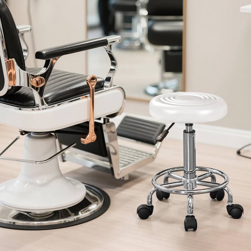 Javlergo PU Leather Salon Stool with Footrest 360° Swivel Adjustable Height Rolling Stool for Salon Medical & Home Use - White