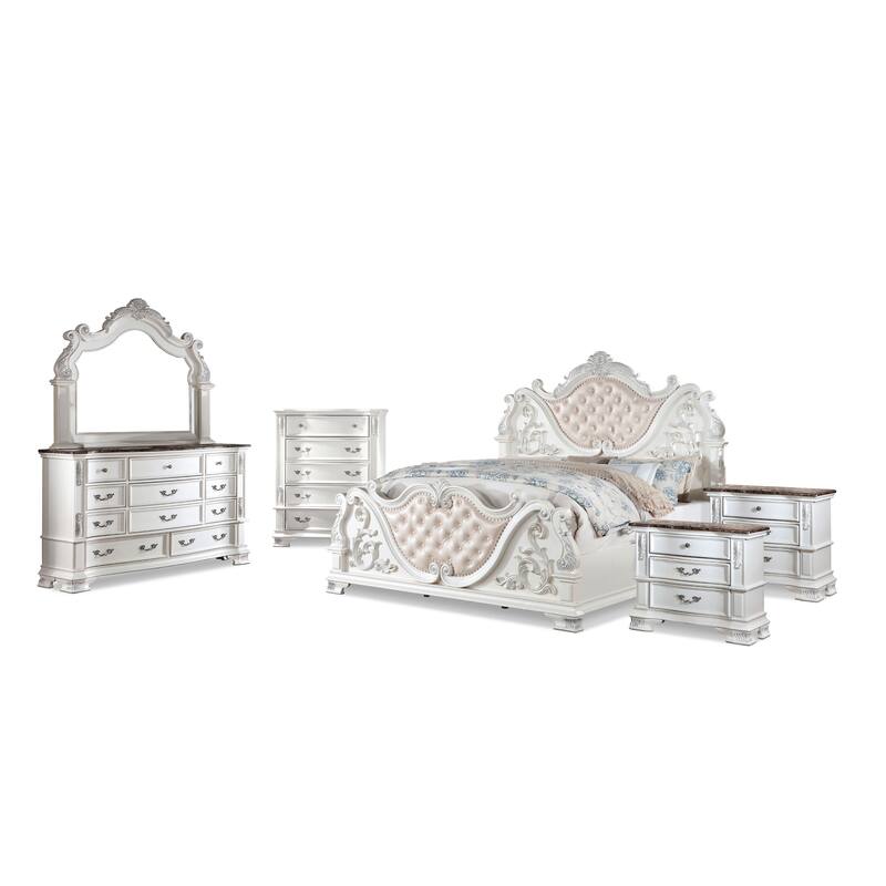 Furniture of America Wrea Traditional 6-Piece White Faux Leather Button Tufted Panel Bedroom Set