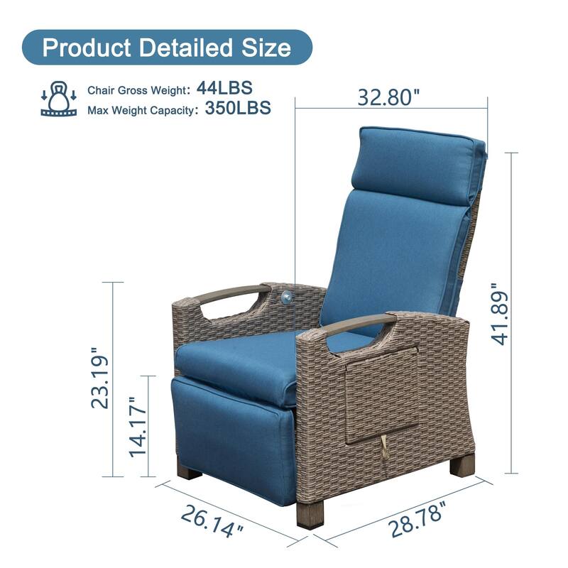 Outdoor Recliner Chair,Patio Recliner with Hand-Woven Wicker,Flip Table Push Back,Adjustable Angle,Reclining Lounge Chair