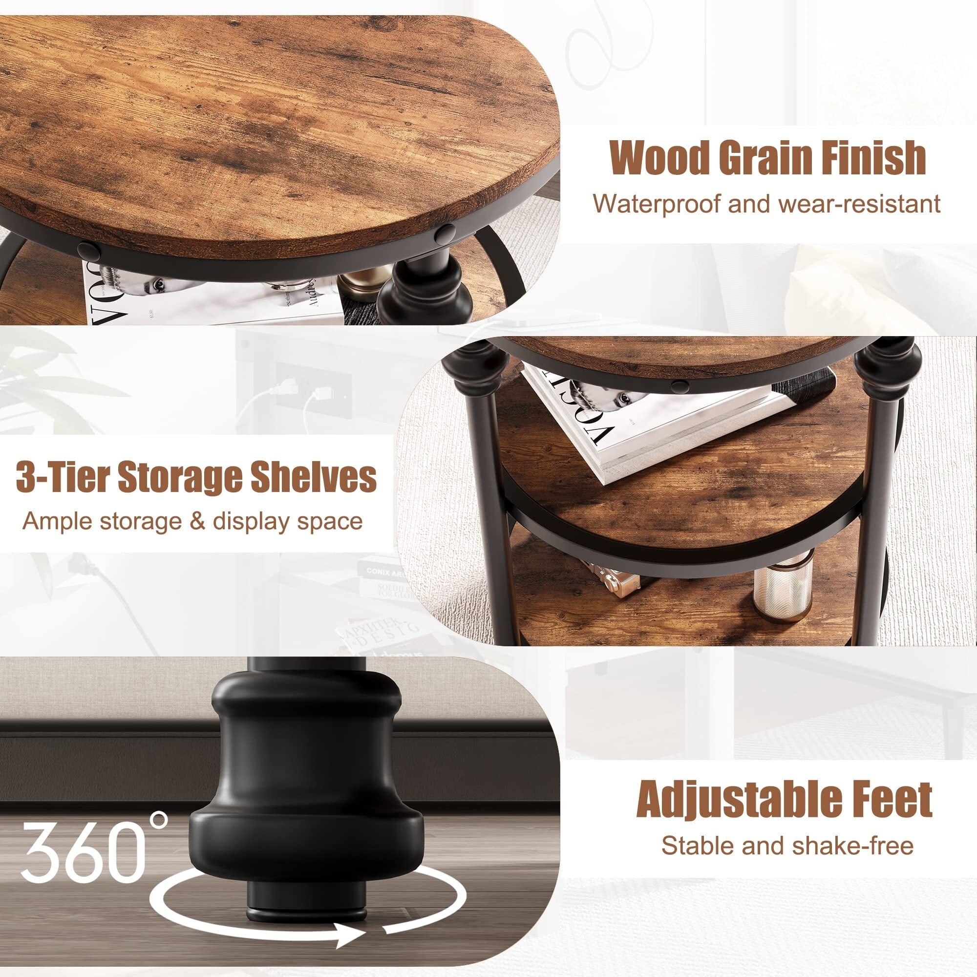 Round End Table, 3-Tier Side Table Living Room Accent Table