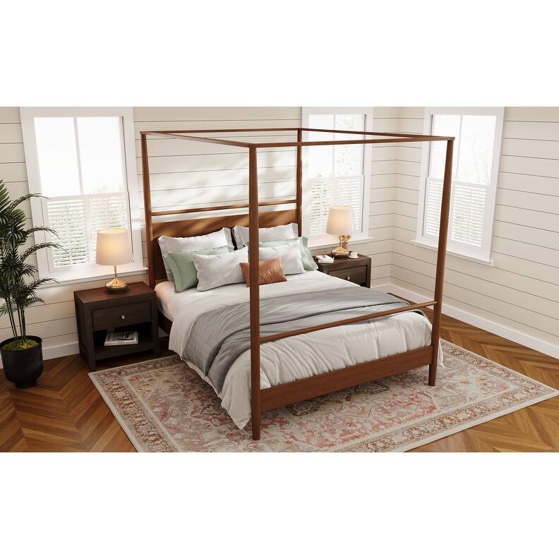 Walnut Wooden Canopy Bed Frame Panel Wingback Bed Four Posters Bed with Complete Roller Track on The Top No Box Spring Needed