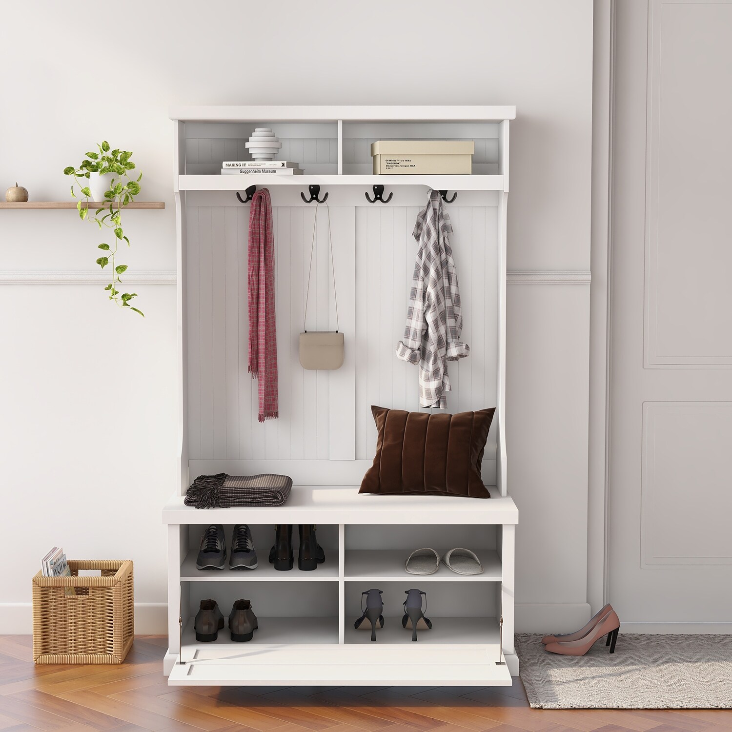 Hall Tree Shoe Bench Coat Rack with 4 Double Hooks and Bottom Storage Adjustable Shoe Cabinet Shelves White