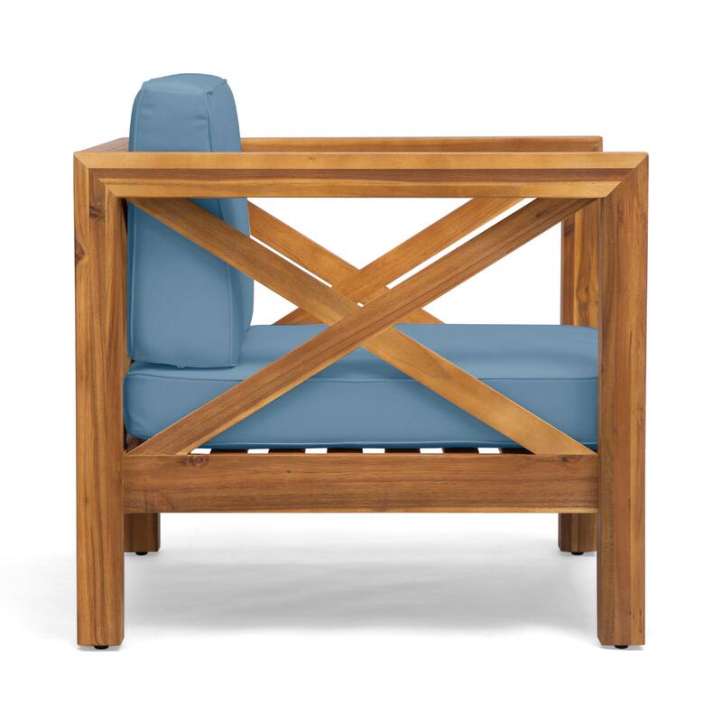 Juna Outdoor Accent Club Chair, Teak Brown Acacia Wood, Blue Fabric