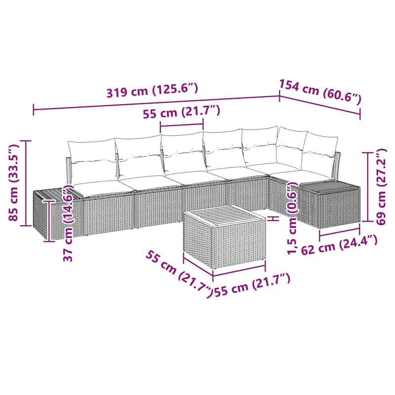 vidaXL 7 Garden Sofa Set with Cushions Black/Grey Poly Rattan - 125.6 x 60.6 x 27.2
