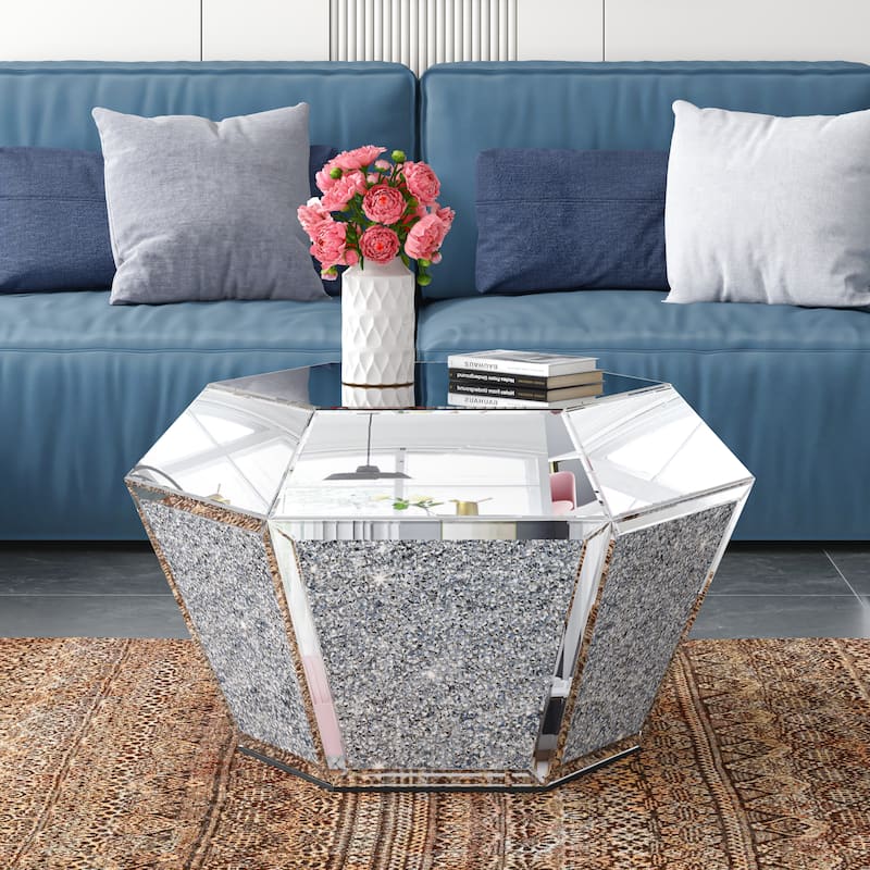 31" Coffee Table Mirrored Glass Finished with Crushed Diamond-Silver