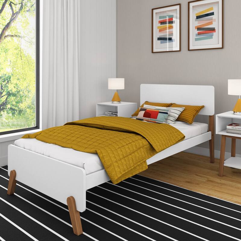 Max and Lily Mid-Century Modern Twin-Size Panel Bed - Pecan/White